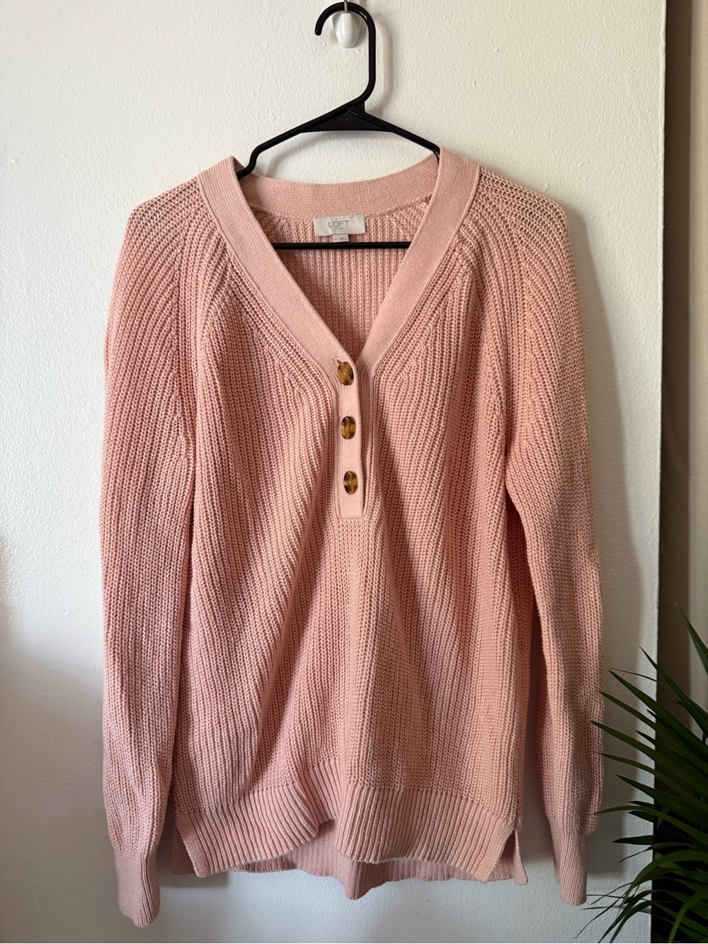 LOFT Blush Pink V-Neck Button-Trim Knit Sweater